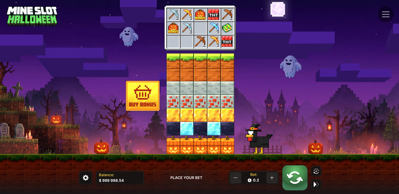 Widok gry Mine Slot Halloween z blokami w kolumnach, narzędziami na górze i przyciskiem Buy Bonus