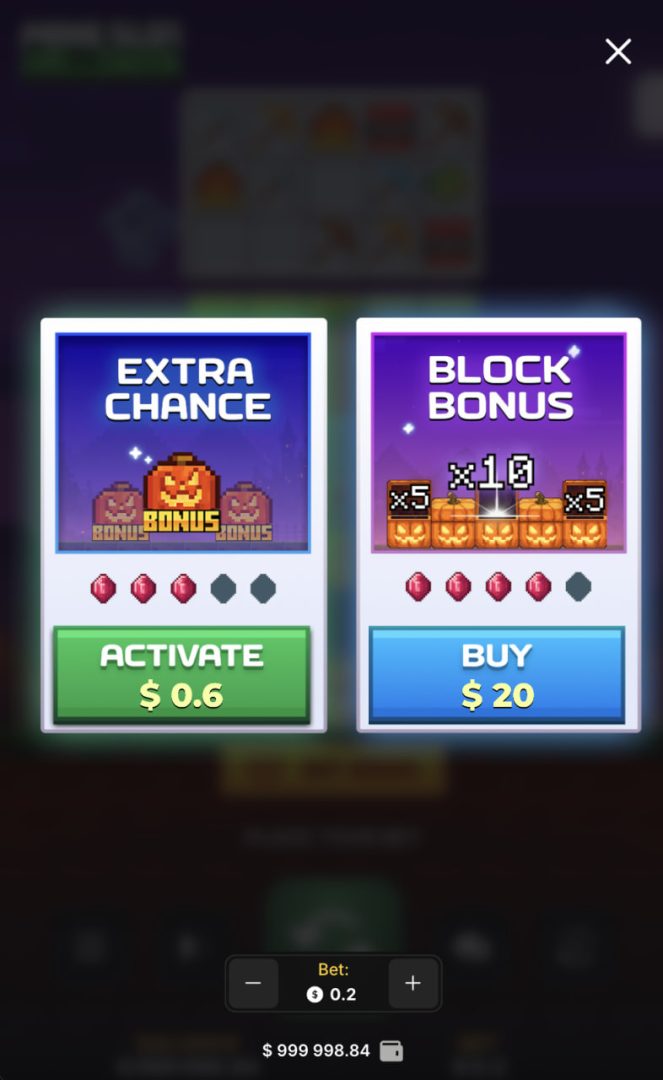 Mine Slot Halloween na telefonie w pionie z oknem Extra Chance i Block Bonus