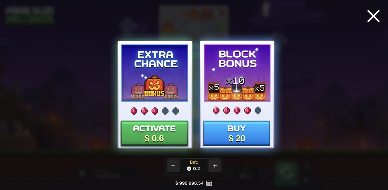 Okno zakupu Extra Chance i Block Bonus w Mine Slot Halloween na monitorze komputera