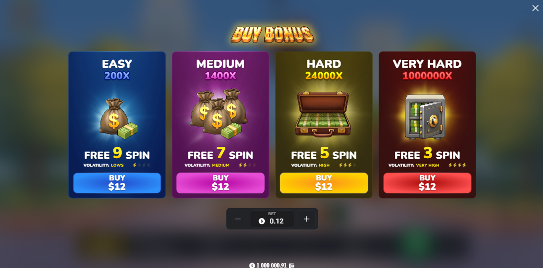 Ekran Bonus Buy w MegaBlock Empire z czterema wariantami darmowych spinów