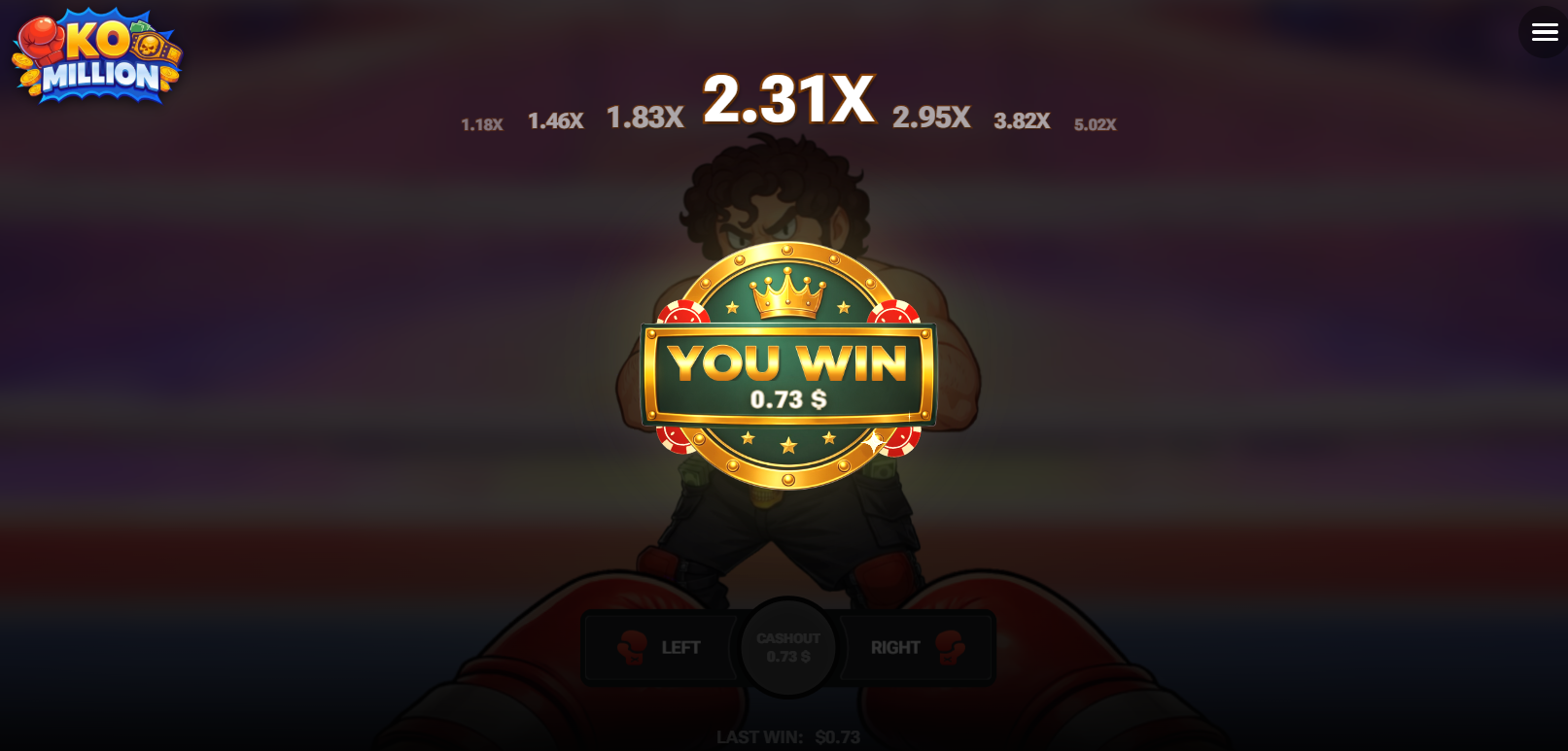 Ekran You Win w KO Million po wypłacie przy mnożniku 2,31x