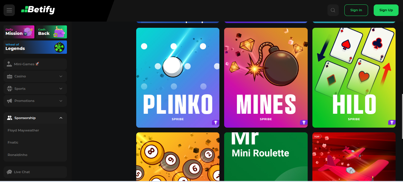 Dział minigier w Betify – Plinko, Mines i Hilo