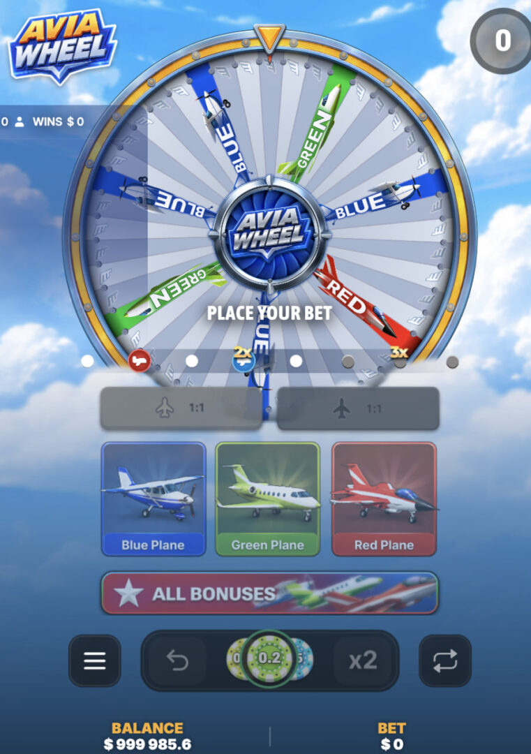 Avia Wheel gra aplikacja bonus za darmo – pionowy ekran telefonu z komunikatem Place your bet, żetonem 0,2 oraz przyciskami x2 i Repeat