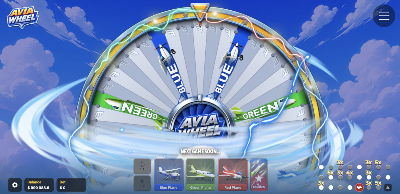 Avia Wheel opinia demo kasyno gra – widok desktopowy koła z kartami Blue, Green i Red Plane oraz historią mnożników