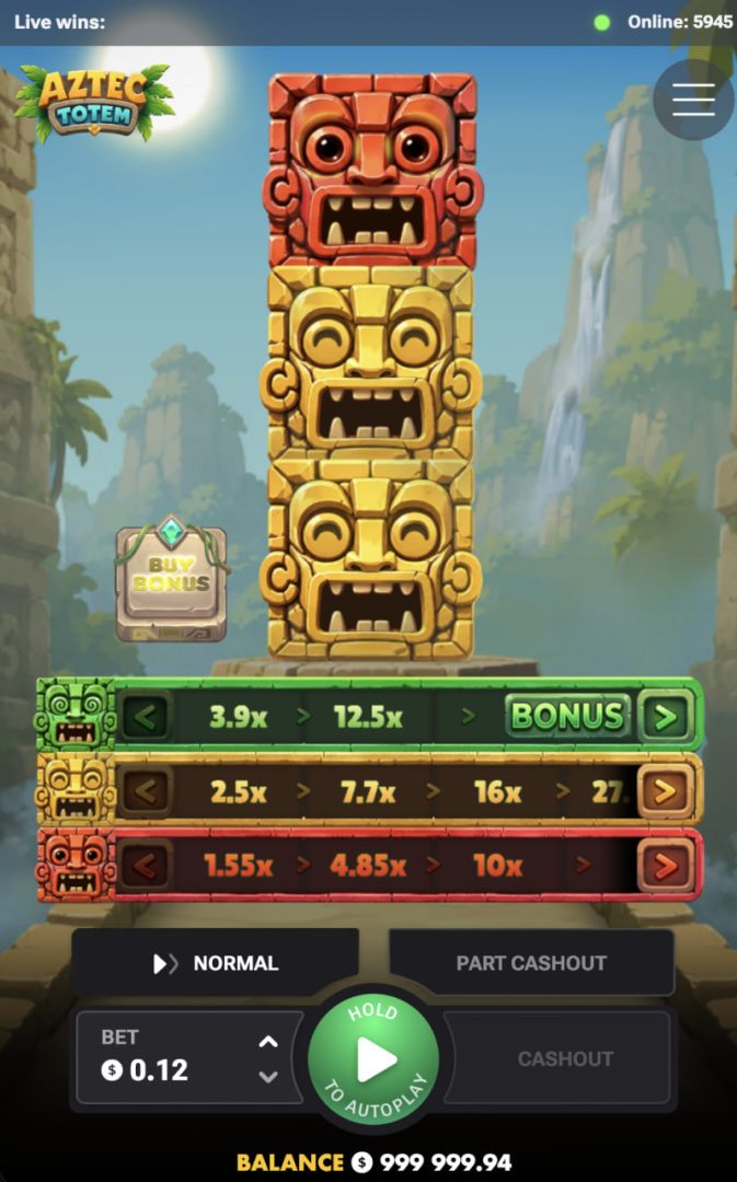 Pionowy ekran smartfona z Aztec Totem, liniami mnożników i przyciskiem Cashout