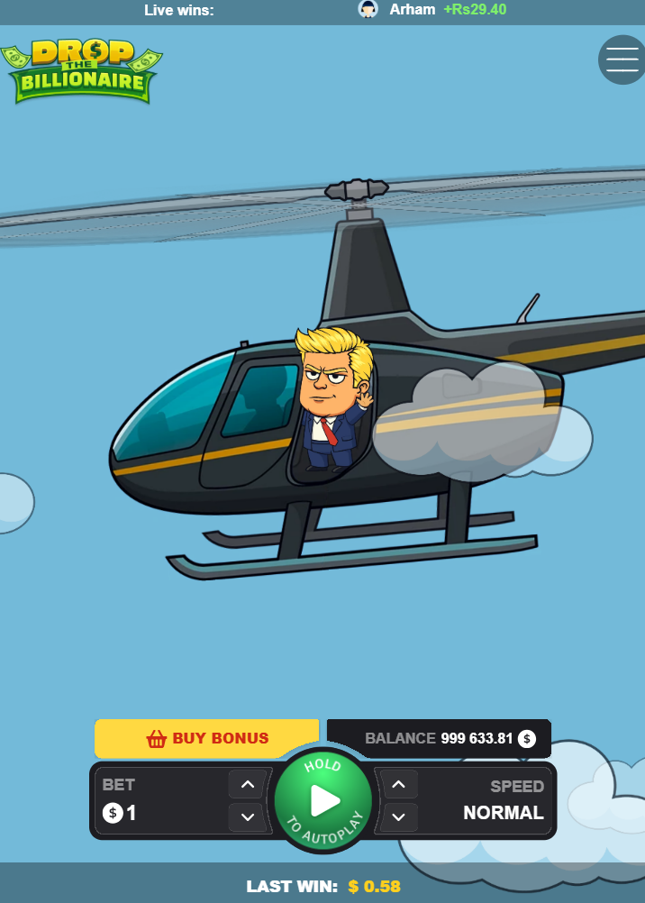 Drop The Billionaire na smartfonie w pionie z przyciskiem Buy Bonus