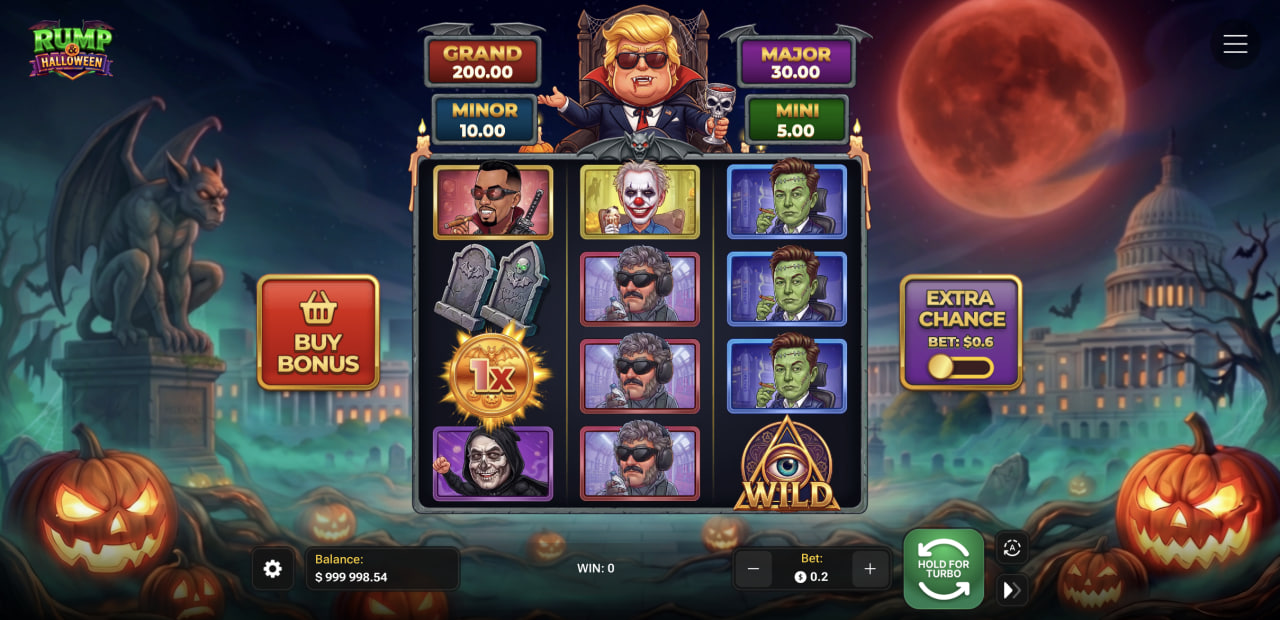 Ekran Rump & Halloween z siatką, tablicą czterech jackpotów oraz przyciskami Buy Bonus i Extra Chance